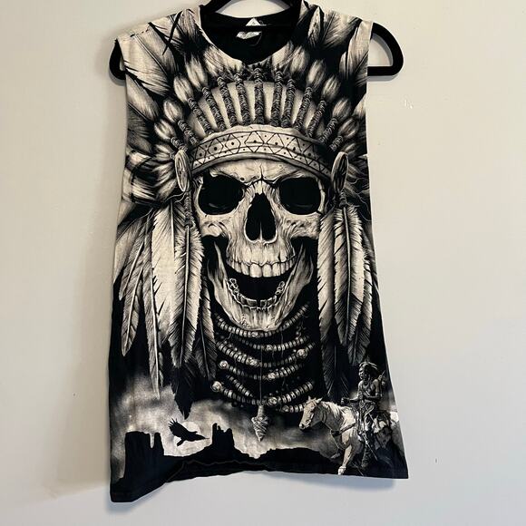 Y2K Native American Skull All Over Print Cut T-Shirt Size  M Black - Picture 1 of 5